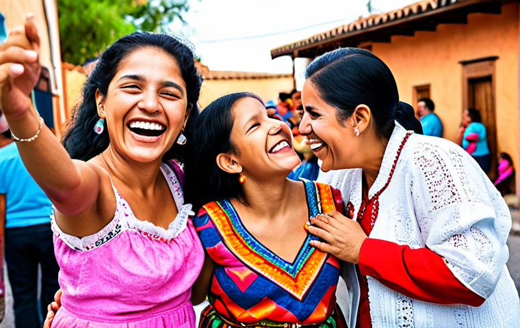 **Image:** A heartwarming photo of a multi-generational Hispanic family laughing together at a "fiesta del pueblo" (town festival). The image should capture the joy and sense of community, with bright colors and traditional clothing.
**Prompt:** A joyful, multi-generational Hispanic family celebrating at a vibrant "fiesta del pueblo," capturing the essence of community and tradition. Bright colors, genuine smiles, traditional clothing.