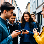 A diverse group of young adults, fully clothed in modern casual fashion, gathered on a clean, European urban street outside a sleek, minimalist boutique. Some individuals are looking intently at their smartphones with eager expressions, while others are chatting excitedly, conveying a sense of anticipation for a product launch or limited-edition release. The scene captures the energy of high demand and the atmosphere of a community united by shared interest. Professional photography, cinematic lighting, vibrant colors, shallow depth of field, high detail, perfect anatomy, correct proportions, natural pose, well-formed hands, proper finger count, natural body proportions. safe for work, appropriate content, fully clothed, modest, family-friendly.