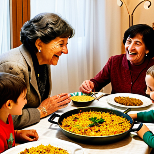 Home 8 Nostalgic Family Gathering**
"A warm, inviting scene of a multi-generational family gathered around a festively decorated table during Christmas dinner in Spain, fully clothed. Grandmother is serving paella, children are laughing, and soft, golden light fills the room. The scene evokes a sense of nostalgia and familial warmth. Professional, appropriate attire, safe for work, perfect anatomy, natural proportions, professional photography, high quality, modest, family-friendly."
**
