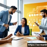 바이럴 마케팅과 자아 표현의 관계 - A vibrant digital marketing scene featuring a diverse group of young Hispanic professionals collabor...