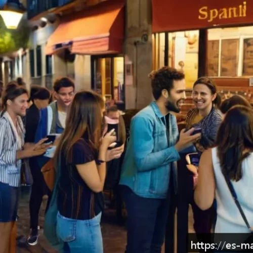 바이럴 마케팅의 심리적 원동력 - A vibrant digital social media scene in Spain during the evening, showing diverse young adults enthu...