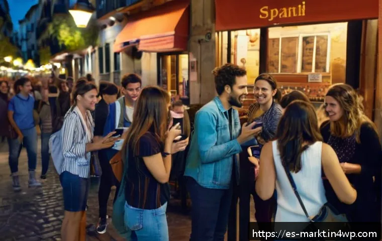 바이럴 마케팅의 심리적 원동력 - A vibrant digital social media scene in Spain during the evening, showing diverse young adults enthu...