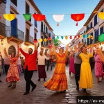 바이럴 콘텐츠와 소비자 참여도 - A vibrant street scene during a traditional Spanish festival, featuring a diverse group of joyful pe...