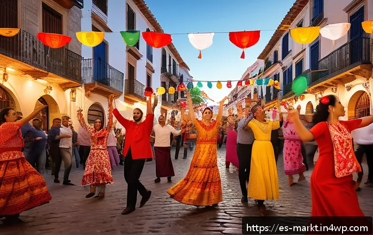 바이럴 콘텐츠와 소비자 참여도 - A vibrant street scene during a traditional Spanish festival, featuring a diverse group of joyful pe...