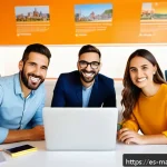 바이럴 마케팅에서의 긍정적 감정의 역할 - A vibrant digital marketing workspace in a modern Spanish office, showing a diverse team of young pr...