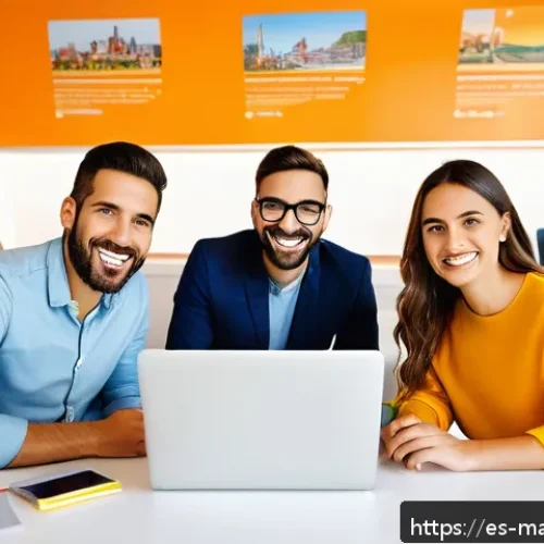 바이럴 마케팅에서의 긍정적 감정의 역할 - A vibrant digital marketing workspace in a modern Spanish office, showing a diverse team of young pr...