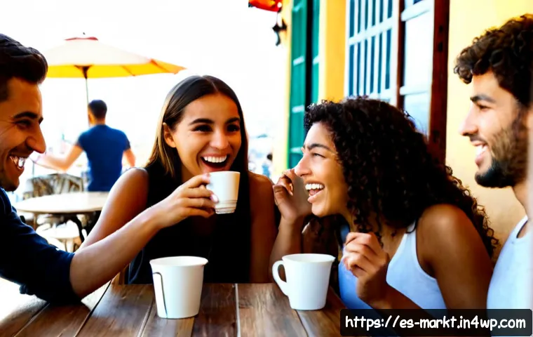 바이럴 마케팅 심리학의 실질적 적용 사례 - Photorealistic candid scene in a sunny Spanish café terrace, a diverse group of young adult friends ...